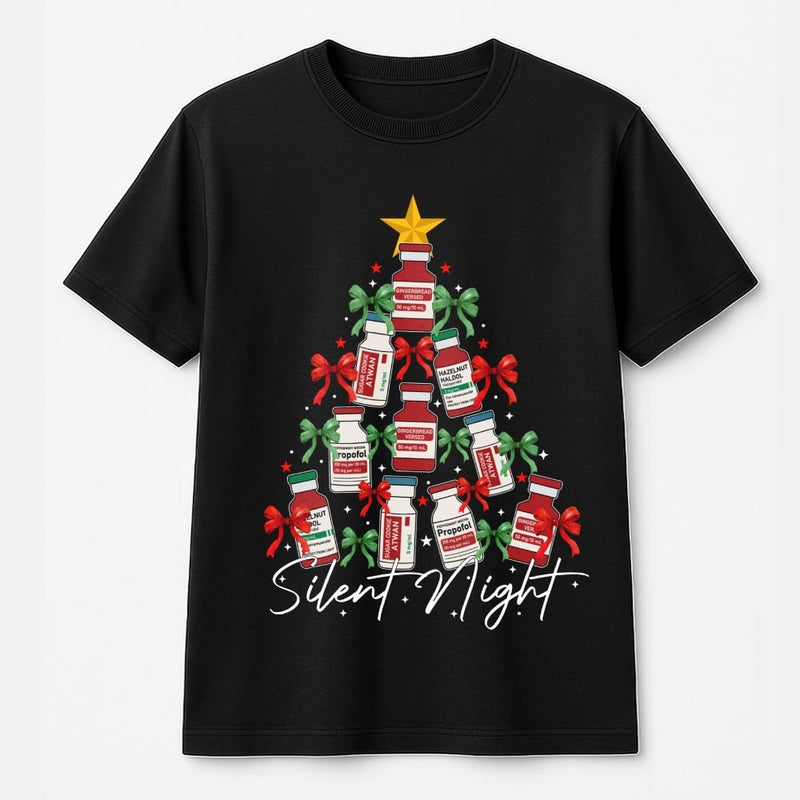 Humorous ICU Nurse Christmas Tree Shirt, Silent Night Medical Vials T-Shirt, Hospital Staff Holiday Graphic Tee, Healthcare Xmas T-Shirt