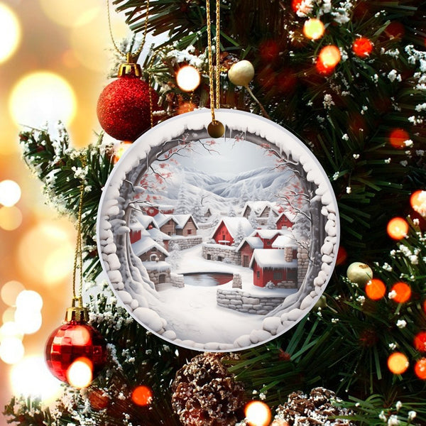 Red House Mountain Landscape Ceramic Ornament, Snowy Winter Village Ornament, Comfy Christmas Tree Scene Ornament, Rustic Hol