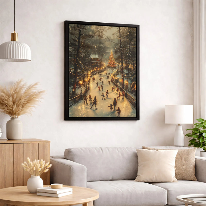 Christmas Tree Village Wall Art, Winter Ice Skating Canvas Digital Download, Holiday Village Scene Print, Printable Winter Home Decor