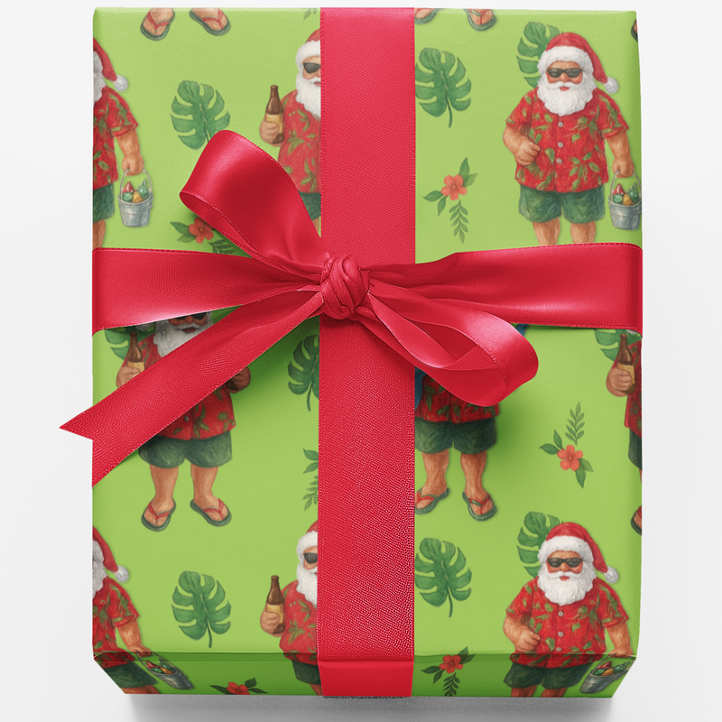 Hawaiian Beach Gift Wrap, Tropical Santa Wrapping Paper, Summer Christmas Wrapping Paper, Coastal Holiday Gift Wrap