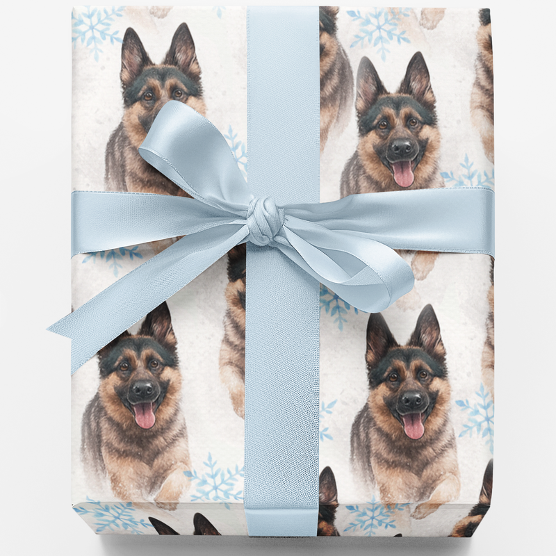 Winter Pine Tree Dog Wrapping Paper, German Shepherd Christmas Wrapping Paper, Snowflakes and Shepherds Holiday Wrapping Paper