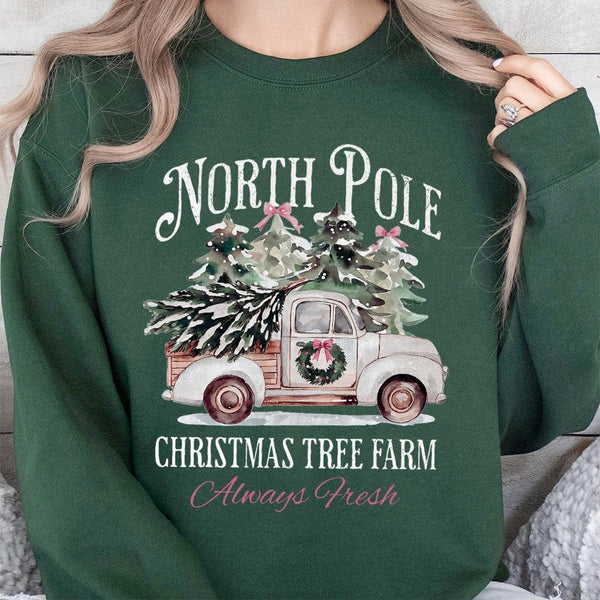 Vintage Red Truck Holiday Crewneck, North Pole Christmas Tree Farm Sweatshirt, Rustic Xmas Tree Shirt, Comfy Winter Pullover