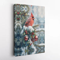 Snowy Christmas Branch Canvas Wall Art, Red Cardinal Canvas Print, Winter Cardinal Bird Wall Decor, Festive Holiday Woodland Art