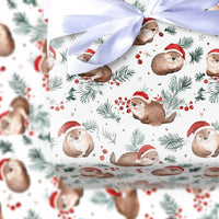 Santa Hat Otter Holiday Gift Wrap, Christmas Otter Wrapping Paper, Adorable Watercolor Otter Present Wrap, Winter Pine Animal Wrapping Paper