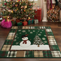 Tartan Plaid Tree Snowflake Floor Mat, Snowman Christmas Area Rug, Festive Holiday Living Room Rug, Non-Slip Bedroom Carpet, Xmas Decor Rug