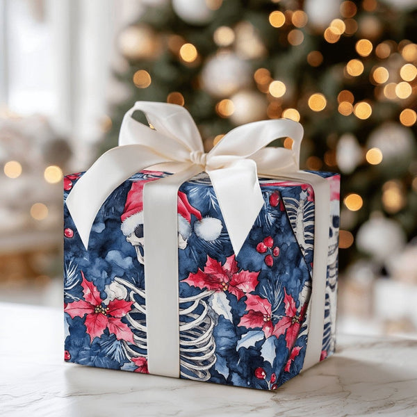 Gothic Christmas Gift Wrap, Skeleton Santa Hat Wrapping Paper, Spooky Poinsettia Holiday Wrapping Paper, Alternative Xmas Gif
