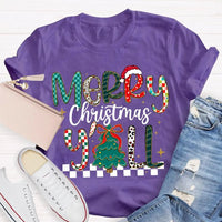 Colorful Christmas Tree Typography Tee, Merry Christmas Y'all Shirt, Southern Holiday Graphic T-Shirt, Family Xmas Apparel Present