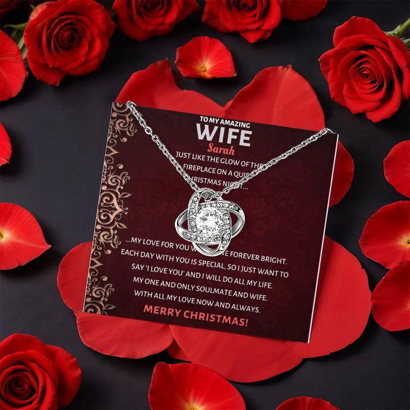 Rose Box Love Knot Pendant, Personalized Wife Love Knot Necklace, CZ Crystal Love Knot Necklace, Romantic Christmas Anniversary Present for Her