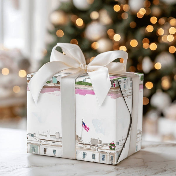 Patriotic Watercolor Gift Wrap, White House Christmas Wrapping Paper, Holiday Landmark Present Wrap, Festive Winter Seasonal 
