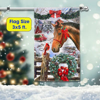 Snowy Winter Horse Scene Yard Flag, Christmas Horse Garden Flag, Wreath and Red Bow Garden Flag, Double Sided Equestrian Holiday Yard Decor