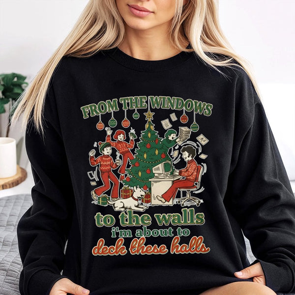 Retro Holiday Humor Graphic Sweater, Deck the Halls Christmas Sweatshirt, Humorous Office Party Xmas Crewneck, Sarcastic Chri