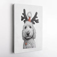 Dog Reindeer Antlers Sketch Print, Goldendoodle Christmas Canvas Wall Art, Holiday Puppy Canvas Portrait, Dog Lover Digital Download