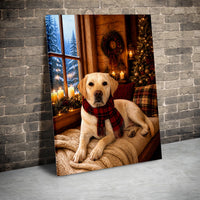 Plaid Scarf Dog Canvas Print, Yellow Labrador Christmas Canvas Art, Comfy Cabin Winter Wall Decor, Lab Dog Lover Holiday Present