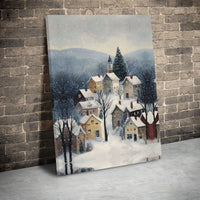 Alpine Town Landscape Canvas Print, Winter Village Snowy Mountain Canvas Wall Art, Comfy Holiday Poster, Christmas Digital Download