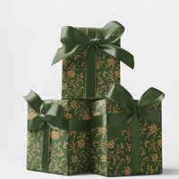 Green and Gold Floral Gift Wrap, Baroque Verdure Wrapping Paper, Vintage Damask Paper Roll, Elegant Wedding Christmas Present Wrap