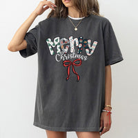 Patterned Lettering Red Bow Graphic Tee, Merry Christmas T-Shirt, Adorable Coquette Holiday Shirt, Family Christmas Graphic Top