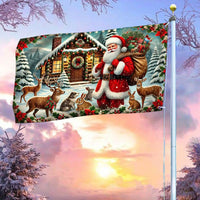 Winter Woodland Deer Cabin Banner, Santa Claus Christmas House Flag, Double-Sided Holiday Garden Flag, Rustic Xmas Lawn Decor