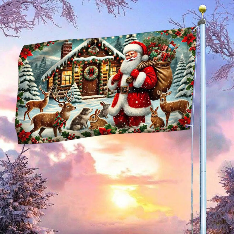 Winter Woodland Deer Cabin Banner, Santa Claus Christmas House Flag, Double-Sided Holiday Garden Flag, Rustic Xmas Lawn Decor