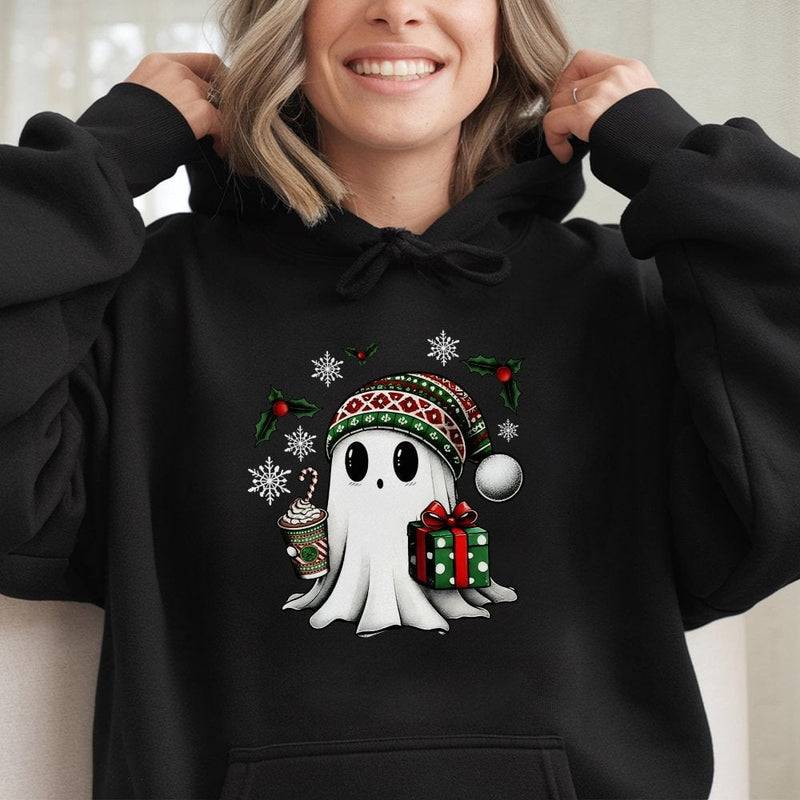 Adorable Holiday Ghost Hooded Sweatshirt, Christmas Ghost Hoodie, Spooky Spirit Ghost Hoodie, Comfy Xmas Pullover, Adorable Christmas Hoodie Present