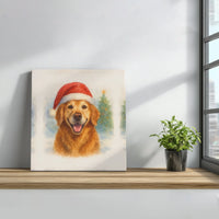 Santa Hat Dog Canvas Art, Golden Retriever Christmas Square Canvas, Watercolor Puppy Canvas Print, Holiday Pet Wall Art Decor Present