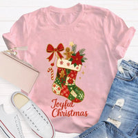 Retro Festive Pattern Tee, Christmas Bows and Holiday Socks Shirt, Adorable Christmas Graphic T-Shirt, Comfy Winter Holiday Present