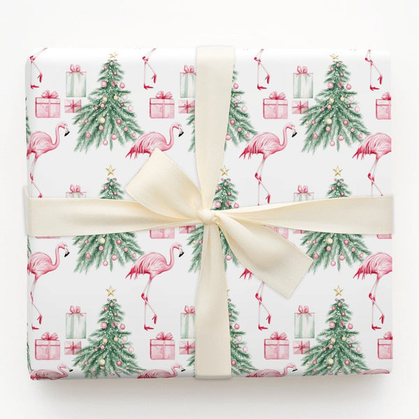 Tropical Holiday Gift Wrap, Pink Flamingo Christmas Wrapping Paper, Watercolor Flamingo Tree Wrapping Paper, Whimsical Christ