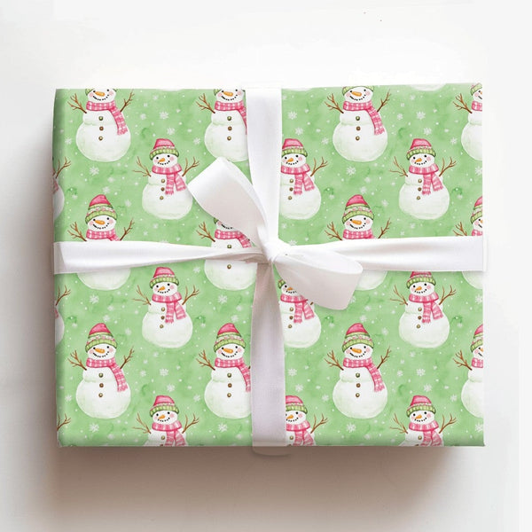 Watercolor Snowmen Gift Wrap, Snowman Christmas Wrapping Paper, Pink Plaid Holiday Wrapping Paper, Adorable Winter Xmas Gift 