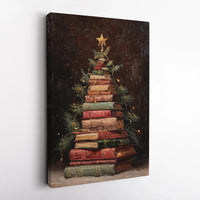 Stacked Books Holiday Poster, Bookish Christmas Tree Canvas Print, Oil Painting Bookworm Wall Art, Printable Digital Download