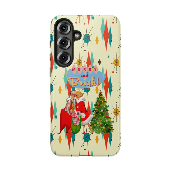 Retro Mid Century Holiday Couple Samsung Phone Case, Merry and Bright Christmas Phone Case Samsung, Vintage Xmas Tough Phone 