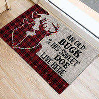 Buffalo Plaid Deer Welcome Mat, Old Buck and Sweet Doe Christmas Doormat, Rustic Winter Cabin Door Rug, Non-Slip Holiday Couple Present