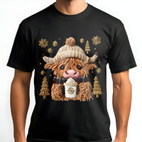 Adorable Winter Holiday Graphic Tee, Christmas Highland Cow Coffee T-Shirt, Festive Farmhouse Cow Shirt, Comfy Xmas Aesthetic Graphic T-Shirt