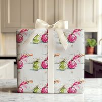 Pink Green Christmas Wrapping Paper, Watercolor Ornament Wrapping Paper, Holiday Bauble Wrapping Paper, Festive Winter Holiday Gift Wrap