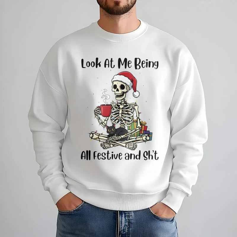 Festive Cat Lover Skeleton Sweater, Humorous Christmas Skeleton Sweatshirt, Spooky Xmas Skeleton Crewneck, Retro Winter Holiday Sweatshirt