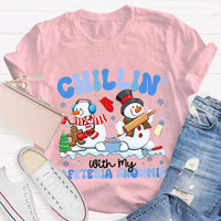 Humorous Holiday Snowman Graphic Tee, Chillin with My Cafeteria Snowmies Shirt, School Staff Christmas T-Shirt, Lunch Lady Holiday Present