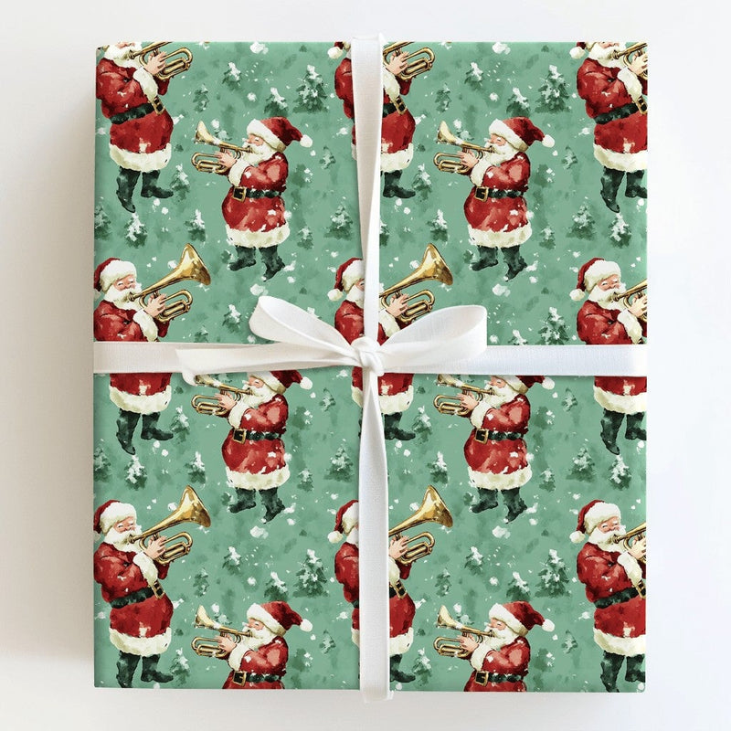 Musical Christmas Gift Wrap, Vintage Santa Band Wrapping Paper, Brass Trumpet Holiday Present Paper, Sage Green Xmas Gift Wrap