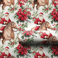 Watercolor Poinsettia Gift Wrap, Santa Riding Horse Wrapping Paper, Western Christmas Wrapping Paper, Equestrian Holiday Gift Wrap Roll
