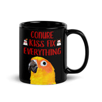 Adorable Christmas Parrot Coffee Cup, Sun Conure Kisses Fix Everything Ceramic Mug, Bird Mom Bird Dad Mug, Tropical Pet Bird Lover Present