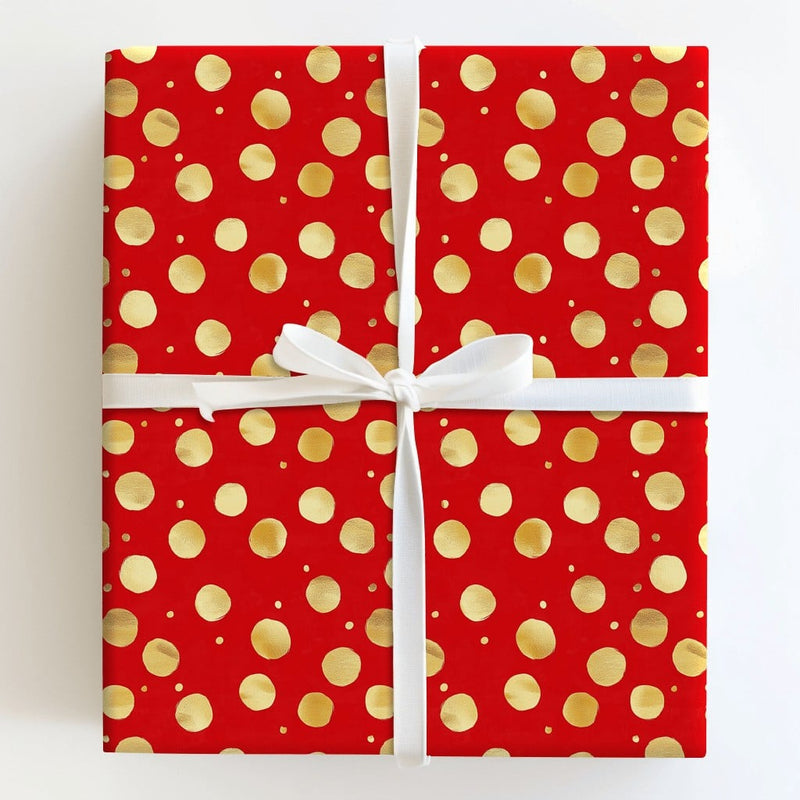 Metallic Dot Holiday Gift Wrap, Red and Gold Polka Dot Wrapping Paper, Festive Christmas Wrapping Paper Roll, Elegant Birthday Gift Wrap