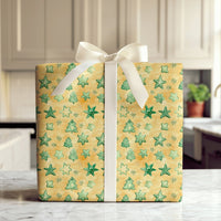 Golden Stars Holiday Gift Wrap, Watercolor Green Tree Christmas Wrapping Paper, Festive Forest Winter Wrapping Paper, Xmas Gift Wrap Roll