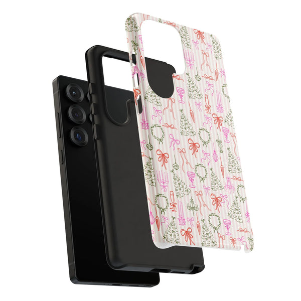 Holiday Wreath and Bow Pattern Phone Cover, Pink Stripe Christmas Phone Case, Festive Winter Samsung Galaxy Case, Xmas Presen