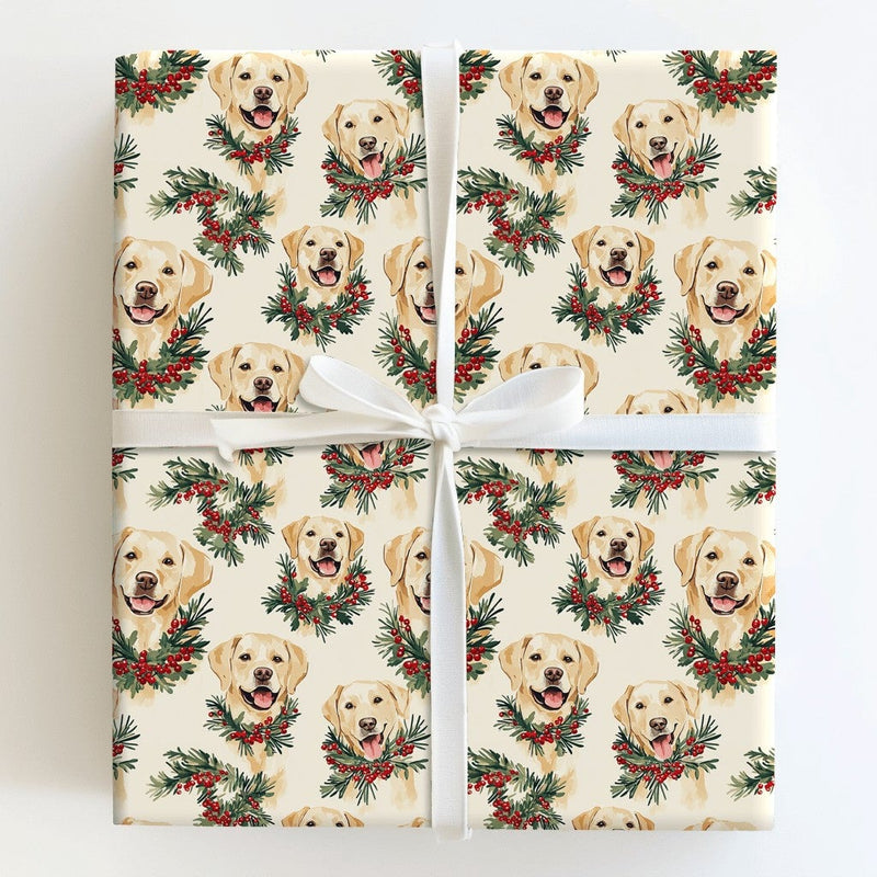 Watercolor Dog Wreath Gift Wrap, Yellow Lab Christmas Wrapping Paper, Yellow Labrador Holiday Wrapping Paper, Dog Lover Xmas Wrapping Paper