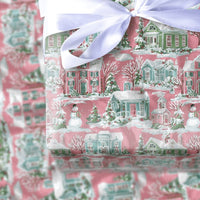Pastel House Holiday Gift Wrap, Pink Winter Village Wrapping Paper, Whimsical Snowman Christmas Wrapping Paper, Comfy Winter Gift Wrap