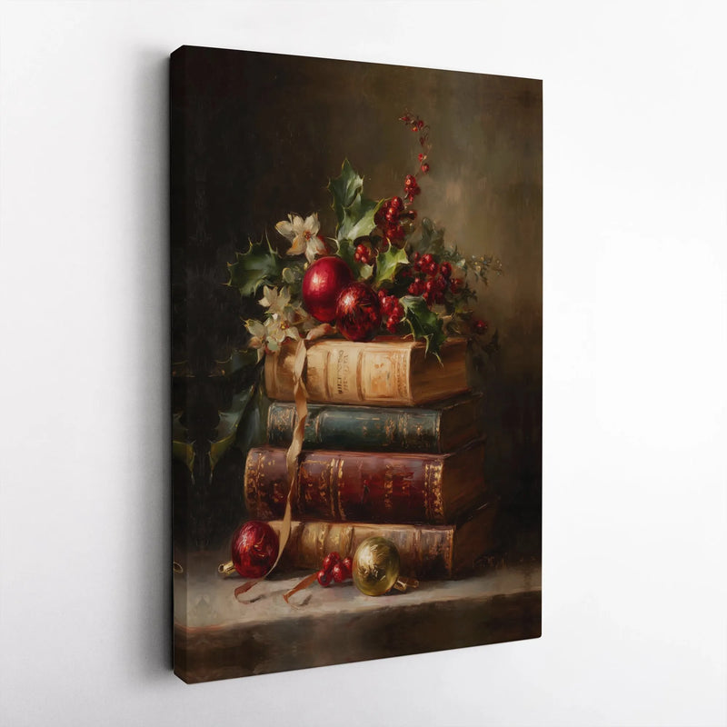 Holly Berries Canvas Print, Vintage Christmas Book Canvas Art, Still Life Holiday Canvas, Winter Wall Art Canvas, Festive Seasonal Present
