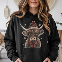 Western Santa Hat Cow Sweatshirt, Christmas Highland Cow Hoodie, Adorable Holiday Cow Hooded Pullover, Festive Winter Cow Graphic Hoodie