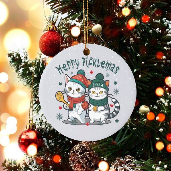 Humorous Pickleball Player Ceramic Ornament, Merry Picklemas Cat Christmas Ornament, Adorable Kitten Sports Keepsake Ornament