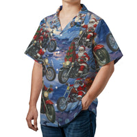 Motorcycle Santa Aloha Shirt, Santa Biker Hawaiian Shirt, Festive Christmas Button Up Shirt, Holiday Rider Tropical Short Sleeve Shirt