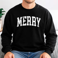 Distressed Varsity Lettering Crewneck, Merry Christmas Sweatshirt, Comfy Holiday Season Merry Sweater, Vintage Christmas Pullover