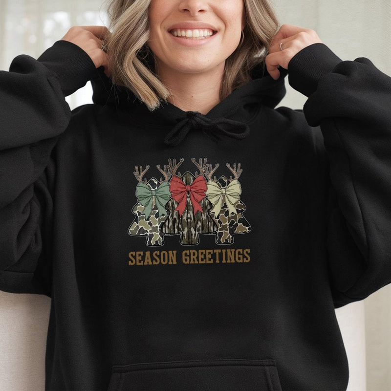 Coquette Bow Winter Holiday Sweatshirt, Camo Christmas Tree Hoodie, Camouflage Hunting Xmas Pullover, Outdoorsy Girl Christmas Hoodie