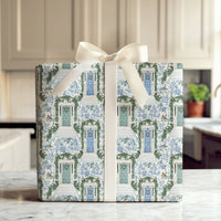 Holiday Front Door Gift Wrap, Blue Toile Christmas Wrapping Paper, Winter Wreath Festive Wrapping Paper, Elegant Xmas Gift Wrapping Paper