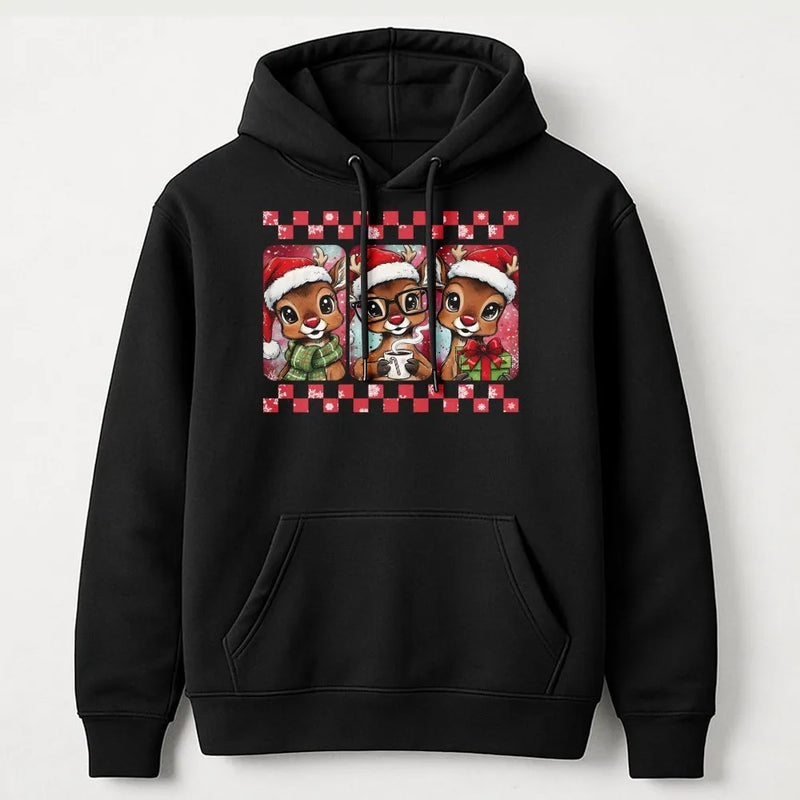 Festive Deer Graphic Hoodie, Christmas Reindeer Hoodie, Adorable Holiday Animal Pullover, Winter Xmas Hooded Sweatshirt, Comfy Holiday Present